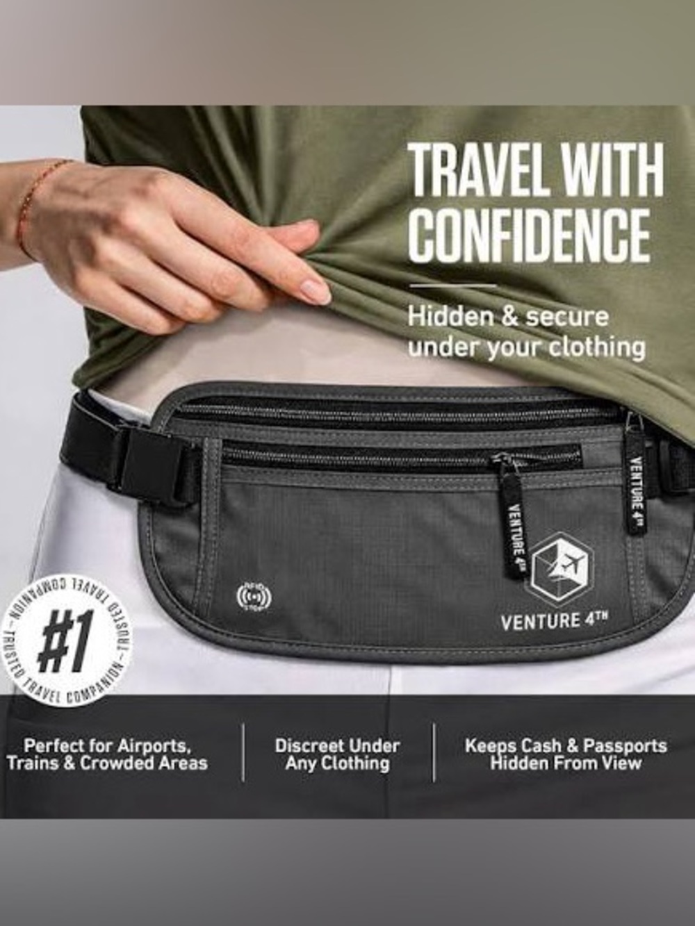 Venture 4th RFID Travel Money Belt Hidden Waist Fanny Pack - NWOT